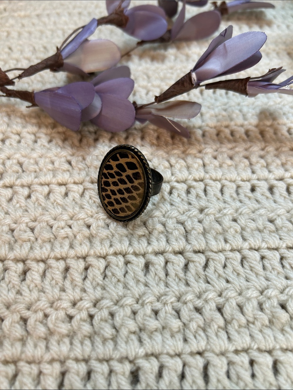 Adjustable Brown Animal-Print Oval Ring